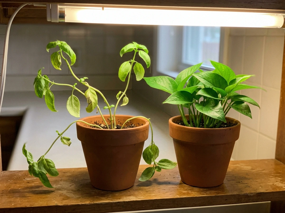Basil struggling under office fluorescent light compared with a low-light pothos