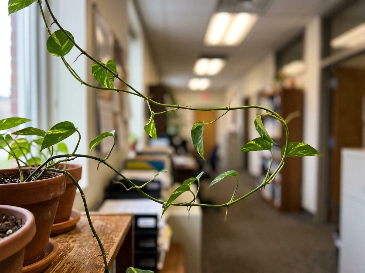 Close-up of legginess on a pothos vine from insufficient fluorescent light