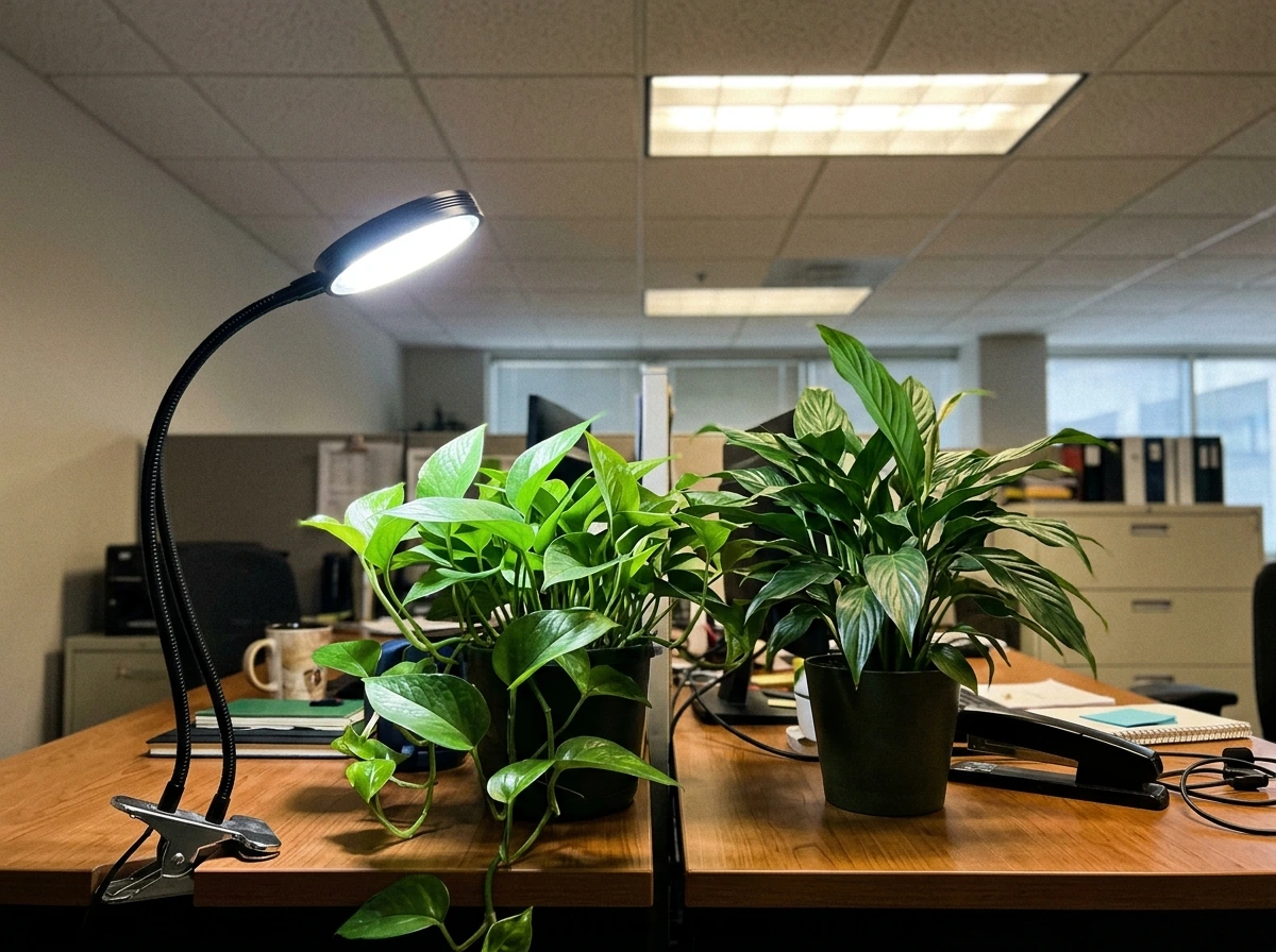 Clip-on LED grow light improving growth for a desk plant under office fluorescents