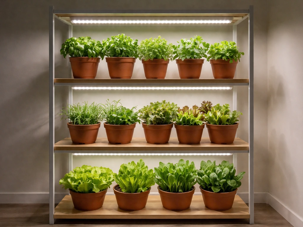 Leafy greens growing on an indoor shelf under LED grow lights, showing plants can grow without direct sunlight.