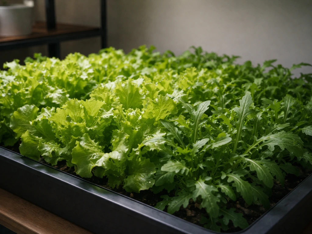Loose-leaf lettuce and arugula thriving on a small indoor rack under soft ambient light