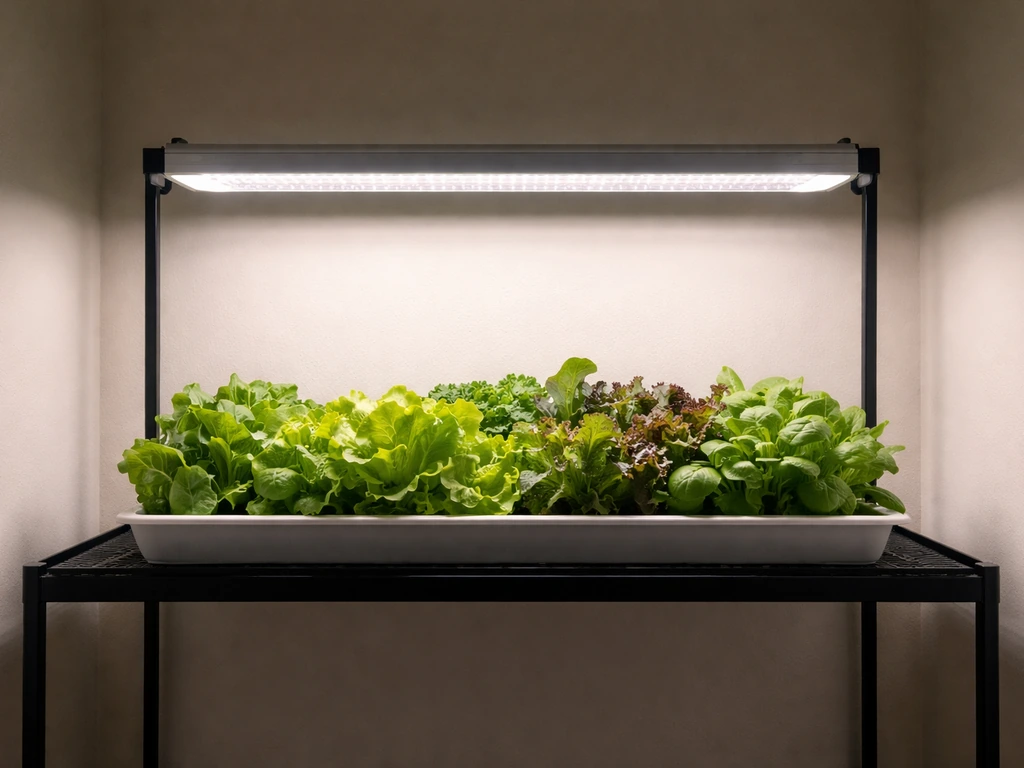 Indoor leafy greens under overhead full-spectrum LED/T5 grow lights mounted above the crop station.