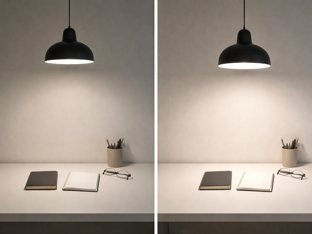 Two side-by-side shots of a tabletop under desk lamps at different heights, showing dim vs bright light.