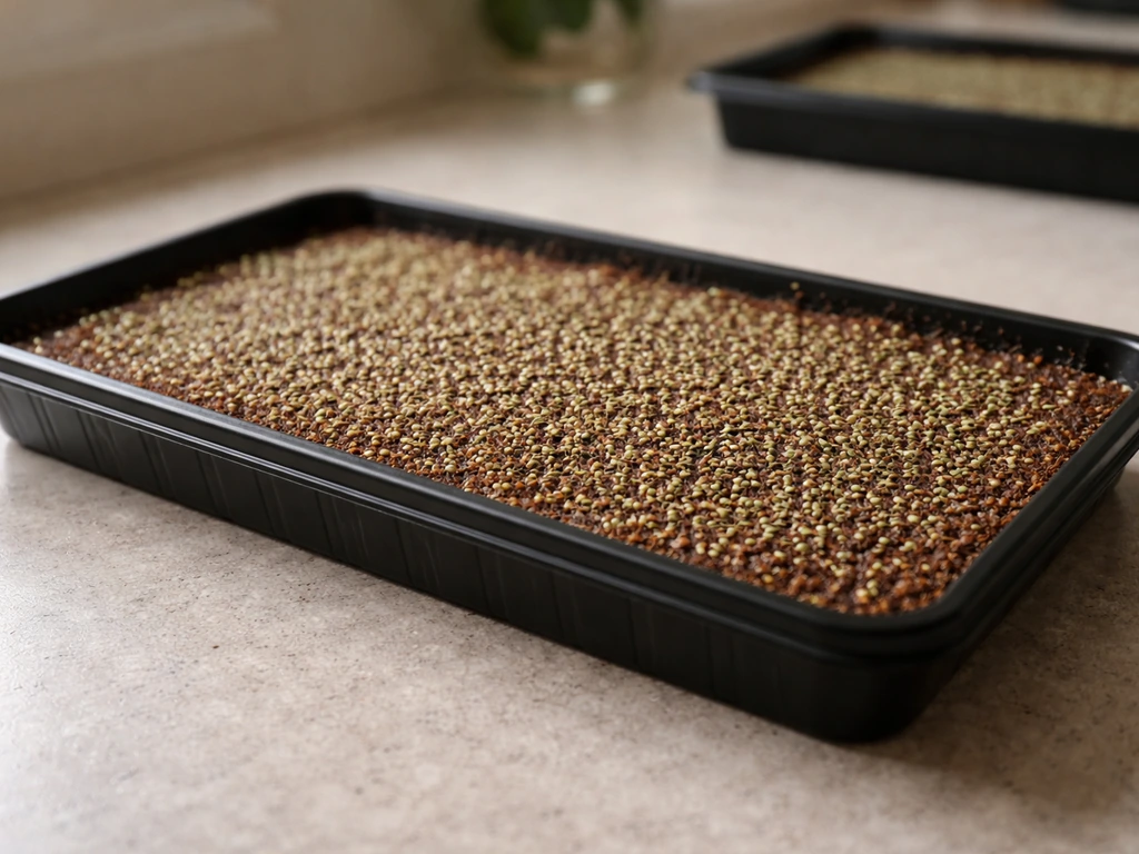 Close-up of a shallow tray with microgreen growing medium and densely broadcast seeds ready to germinate