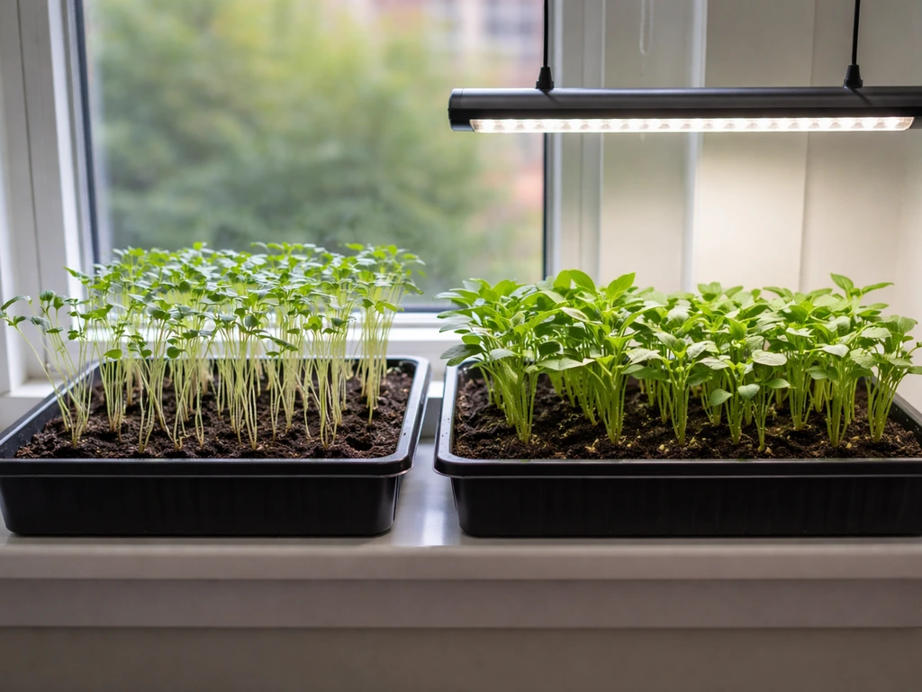 Two sets of indoor seedlings: one leggy and one short and sturdy under a bright grow light.