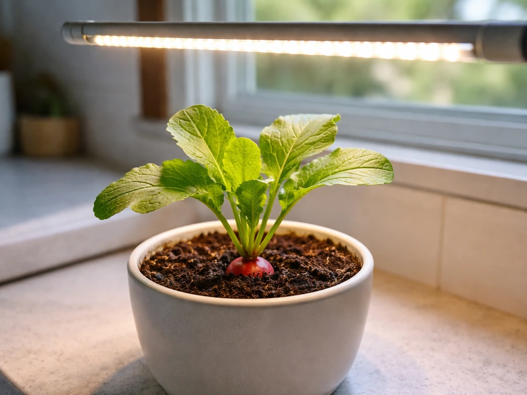 Vibrant radish plant in a pot under an LED grow light indoors, showing thriving growth.