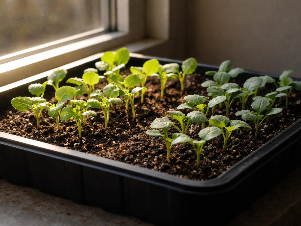 Radish seedlings in a window, split between direct sun and bright indirect light across the container.