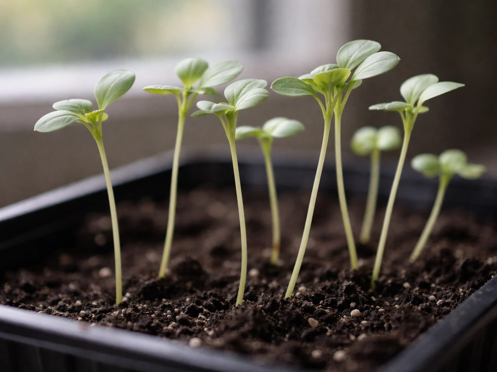 Close-up of radish seedlings with leggy, elongated stems and wider gaps between leaves in low-light potting mix.