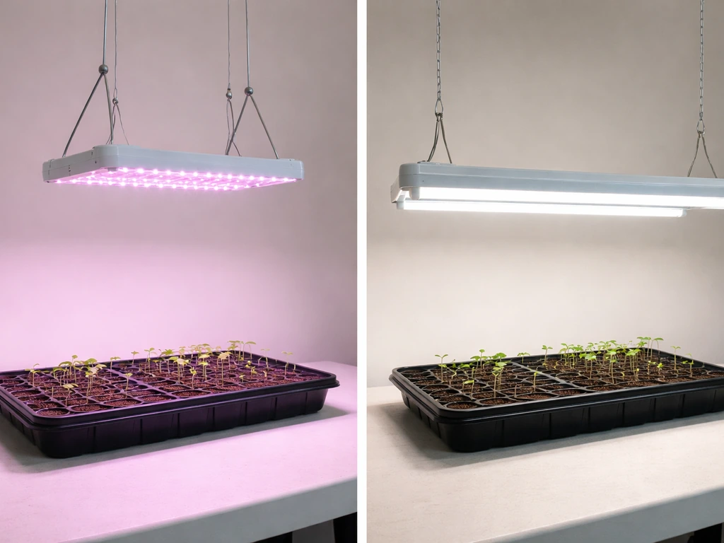 Side-by-side LED panel and fluorescent tubes shining over radish seedling trays indoors.