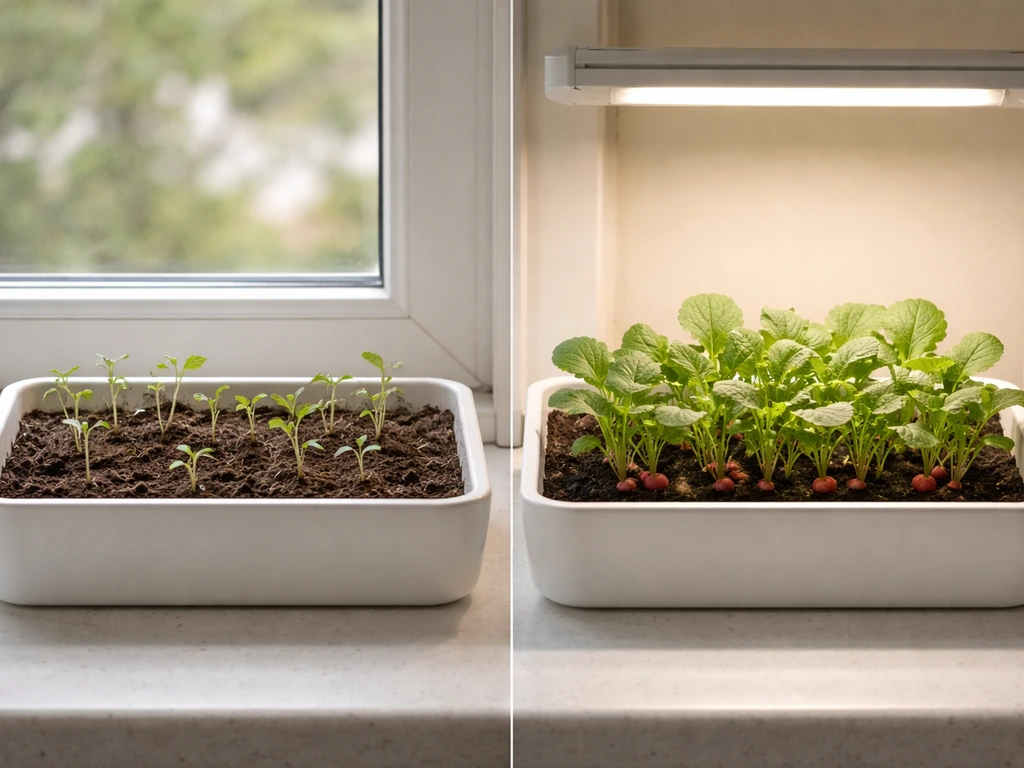 Two small indoor radish setups side-by-side showing poor growth on one side and healthier bulbs on the other.