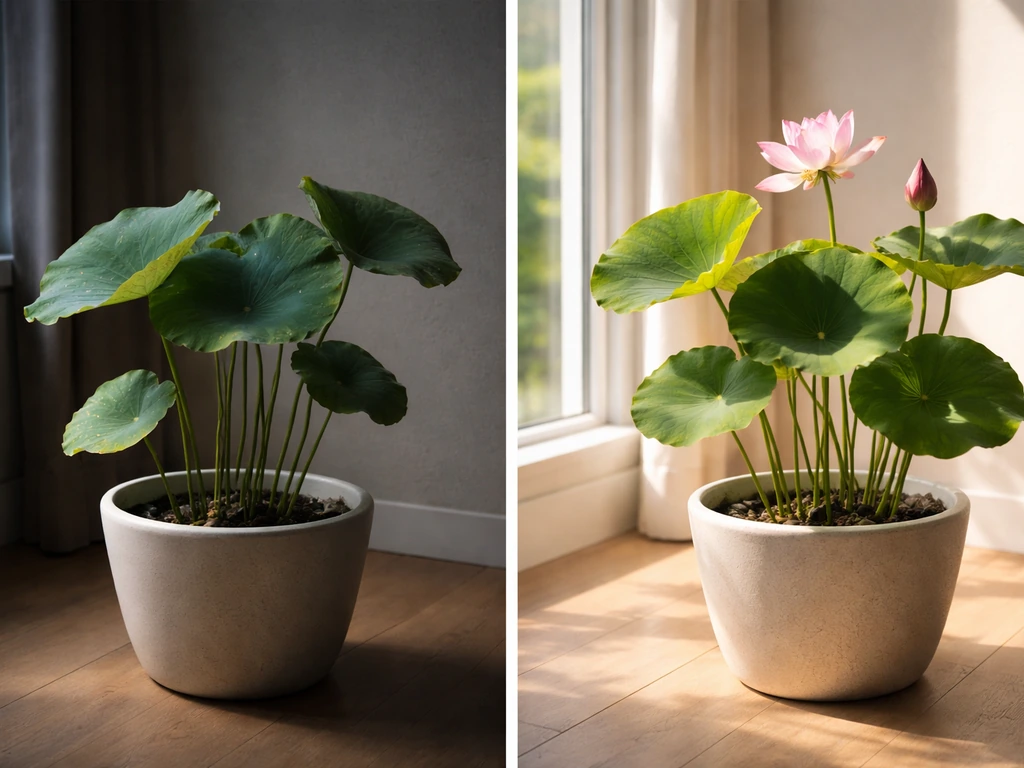 Two potted lotus plants under different light: leaves-only vs full flowering blooms.
