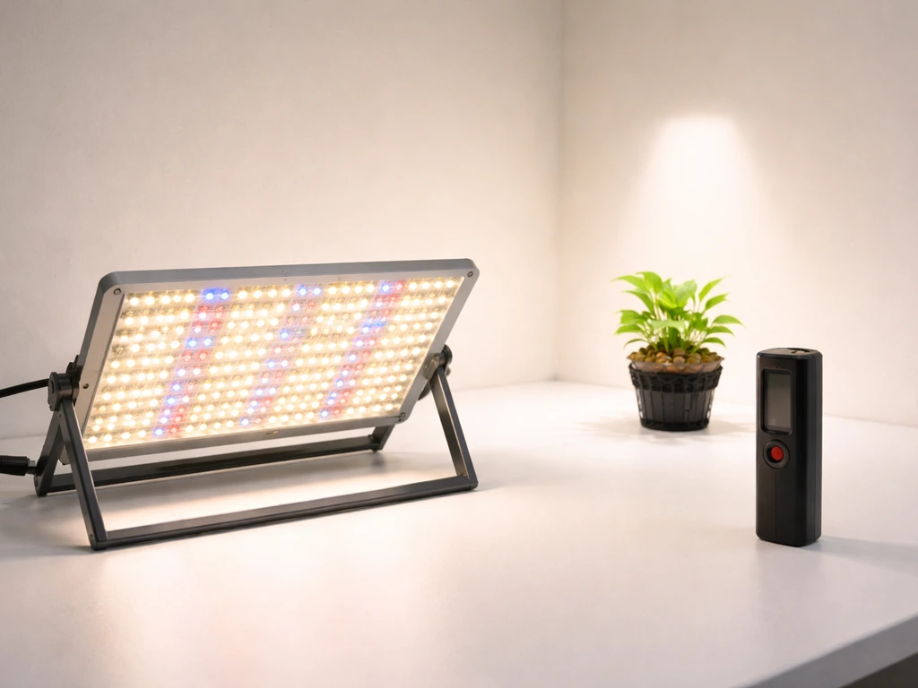 Full-spectrum grow light panel beside a measurement tool, with an aquatic pot placement setup