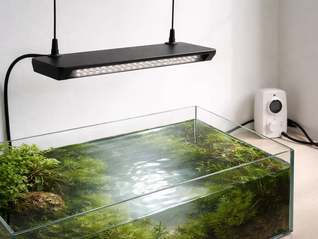 Overhead view of an LED grow light mounted 20–25 cm above a water tank, with cable and timer nearby