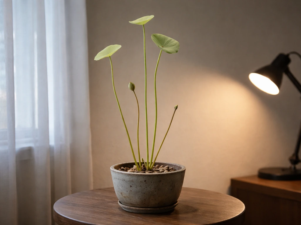 Lonely potted lotus at a window with tall thin leaves, soft shadows, and a subtle brighter light source nearby.