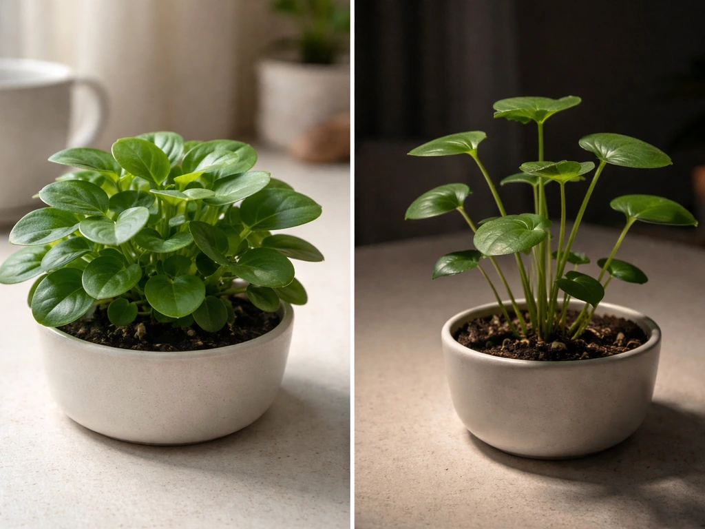 Side-by-side closeups of compact leafy growth in bright light versus elongated stems in dim light.
