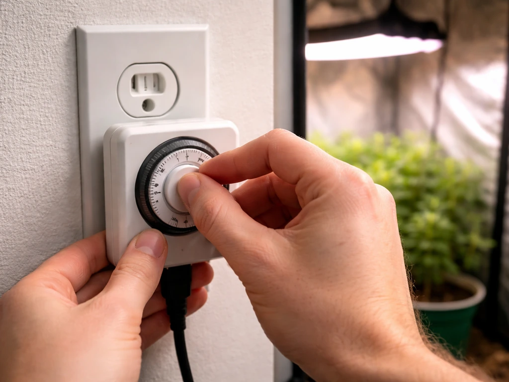 Hands adjusting an outlet timer/dimmer next to an indoor grow light in a simple grow setup.