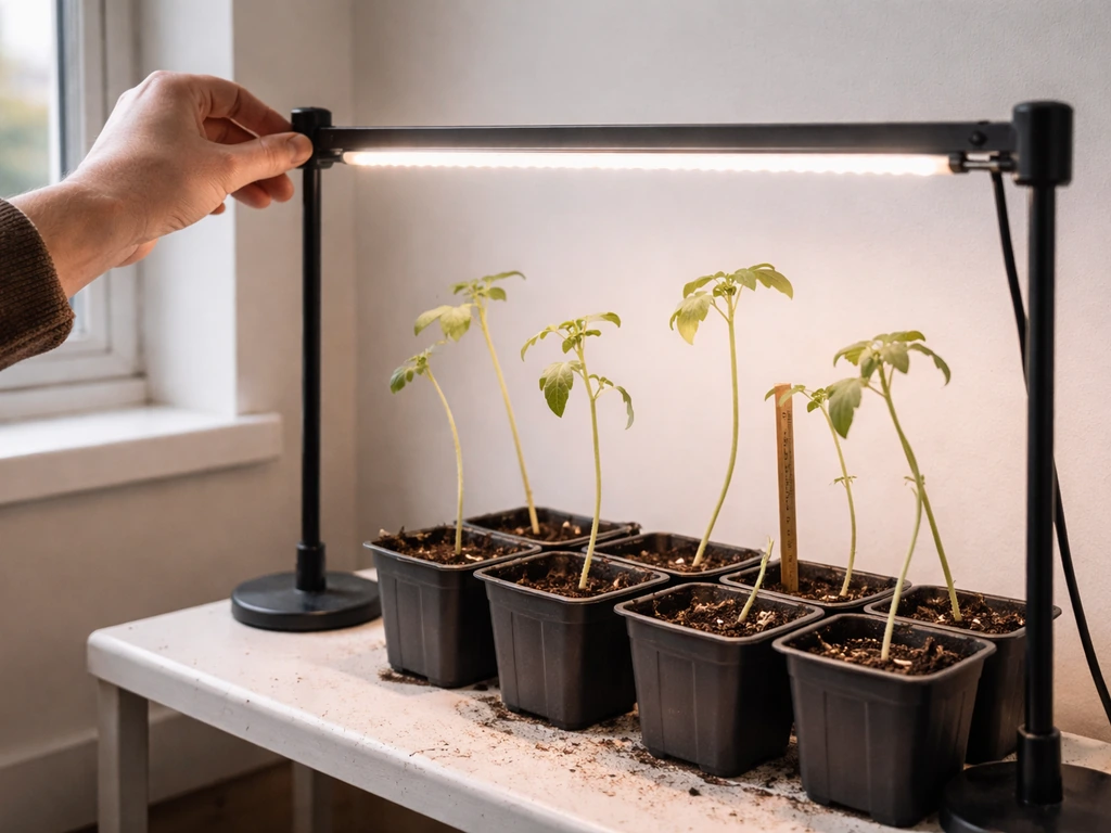 Leggy vegetable seedlings under grow lights with a hand adjusting light height on a simple stand.