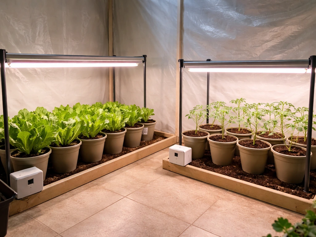 Two sets of potted seedlings under separate grow lights, one leafy greens and one fruiting crops.
