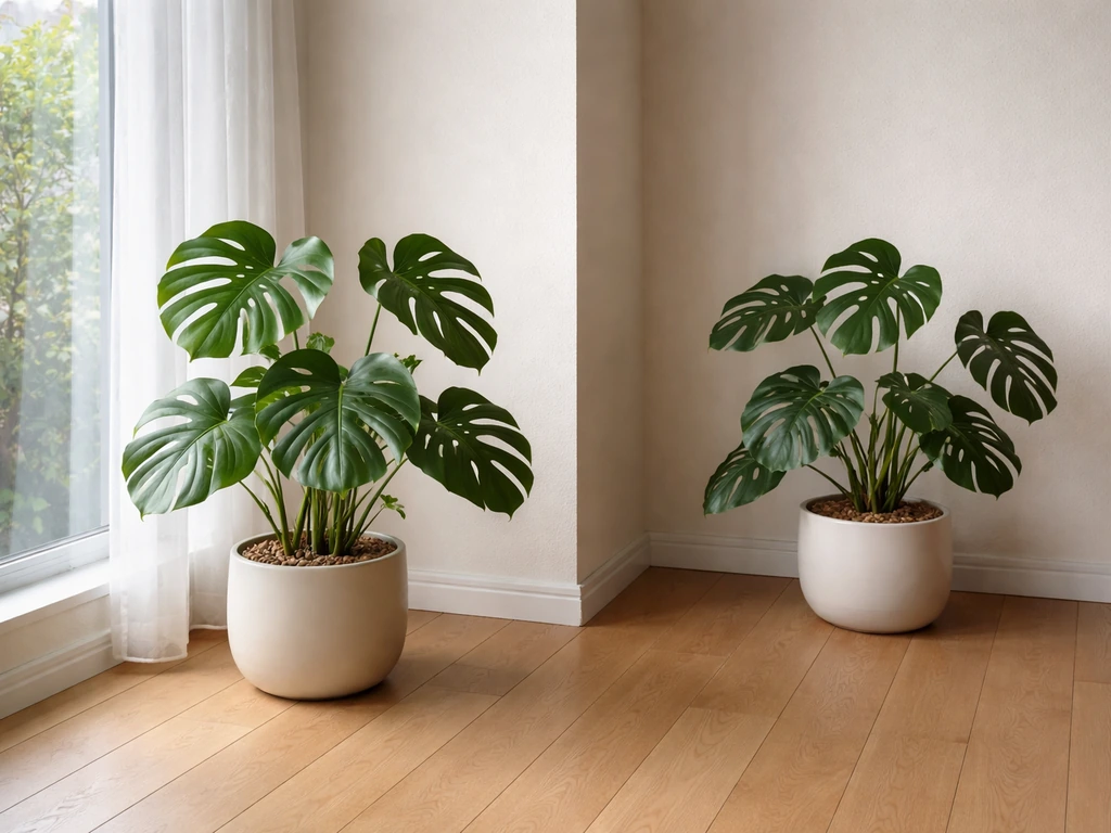 Monstera by a window with bright light on one leaf, and a second pot farther back in dimmer light.