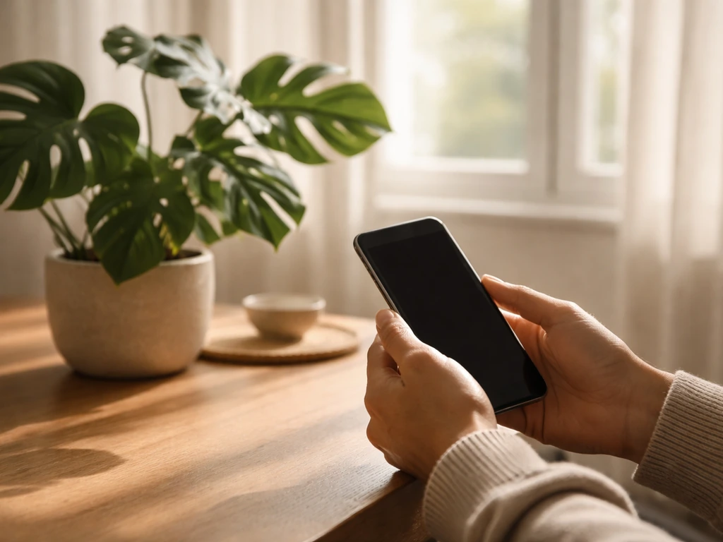 Smartphone held near a monstera by a bright window to check ambient light at home