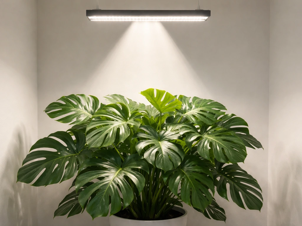Monstera leaves under a bar grow light, showing the light angle and distance