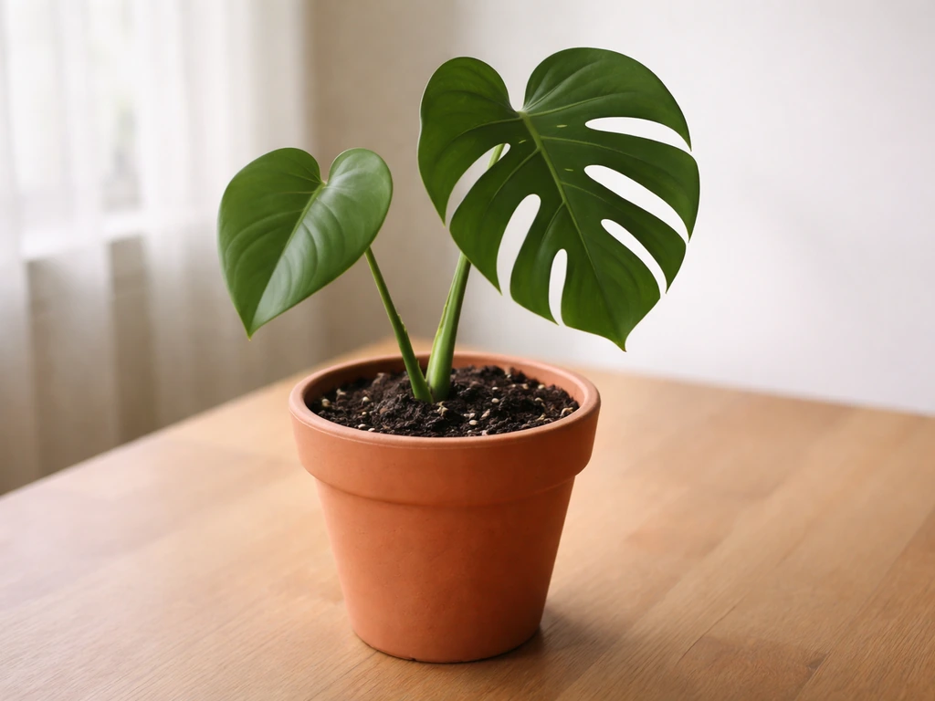 Two monstera leaves on soil and potting mix, one smaller and solid, one newer with fenestrations.