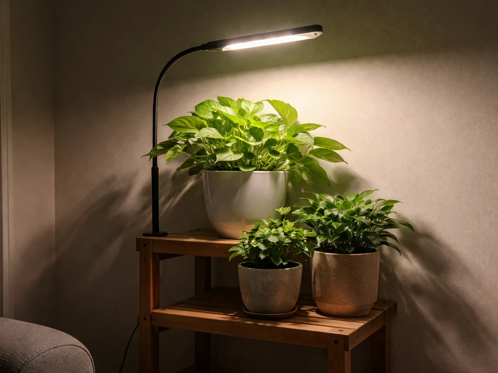 Nighttime view of indoor plants under an LED grow light with lights on, leaves lit and healthy.