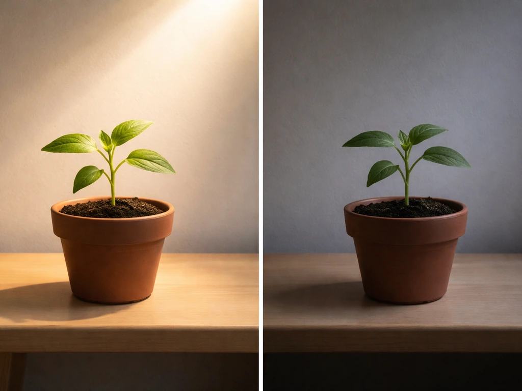 Two potted seedlings on a bench, one under warm light and one in dim darkness, showing night-vs-day contrast