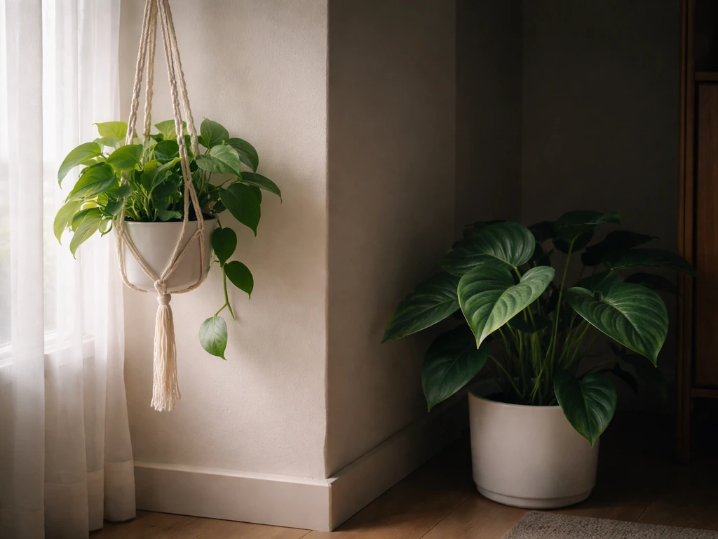 Pothos and philodendron in brighter and dimmer corners of a room, highlighting low-light tolerance.
