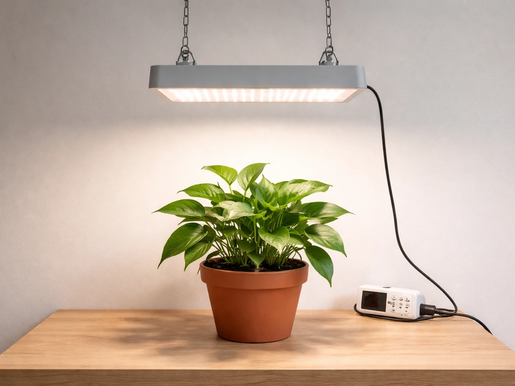 LED grow light above a potted plant, timer plug on the table, showing correct distance for an indoor light schedule.