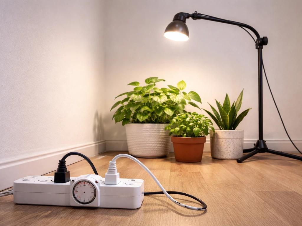 Indoor grow setup with a power strip timer and a grow light over potted plants