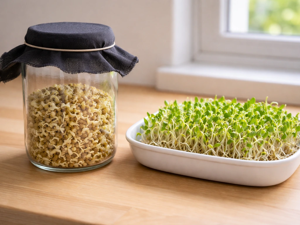 Side-by-side jar in darkness with pale sprouts and a light-exposed tray with greener sprouts.