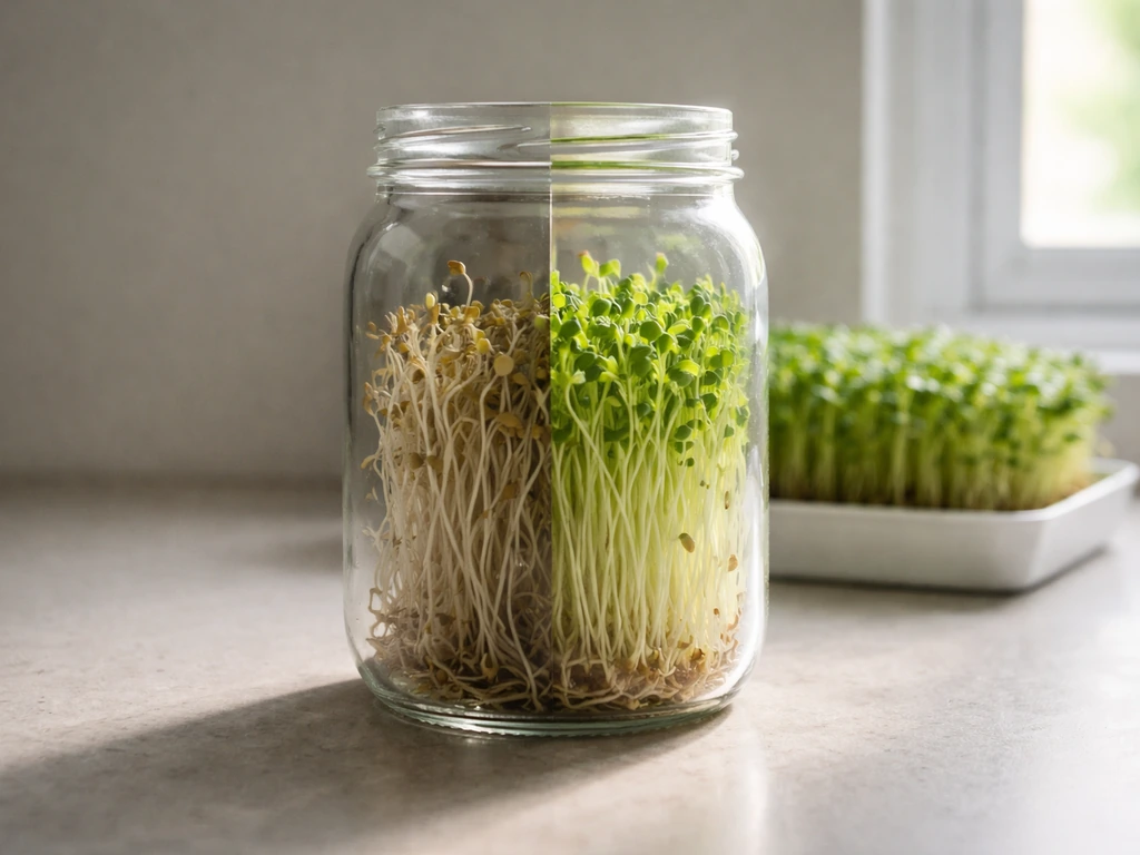 Close-up of sprouts: pale leggy growth on one side, vibrant green shoots on the other under bright light.