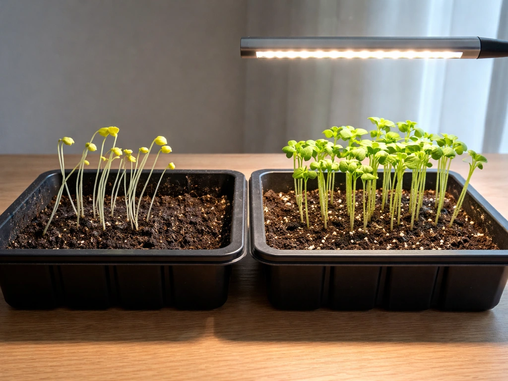 Left leggy pale sprouts next to brighter green seedlings with raised light and better drainage in a tray