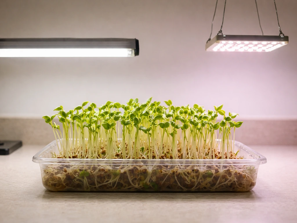 Sprout tray under two light sources, showing different gaps between T5 fluorescent and LED panel
