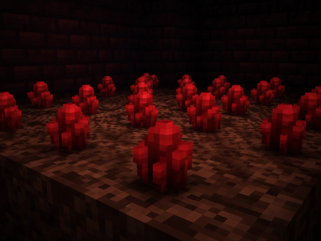 Nether wart growing on soul sand inside a dark enclosed nether farm area.