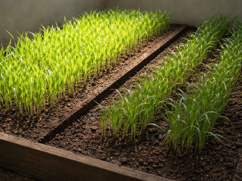Indoor wheat patch with brighter and shaded sections to illustrate sky vs block light for crop growth.