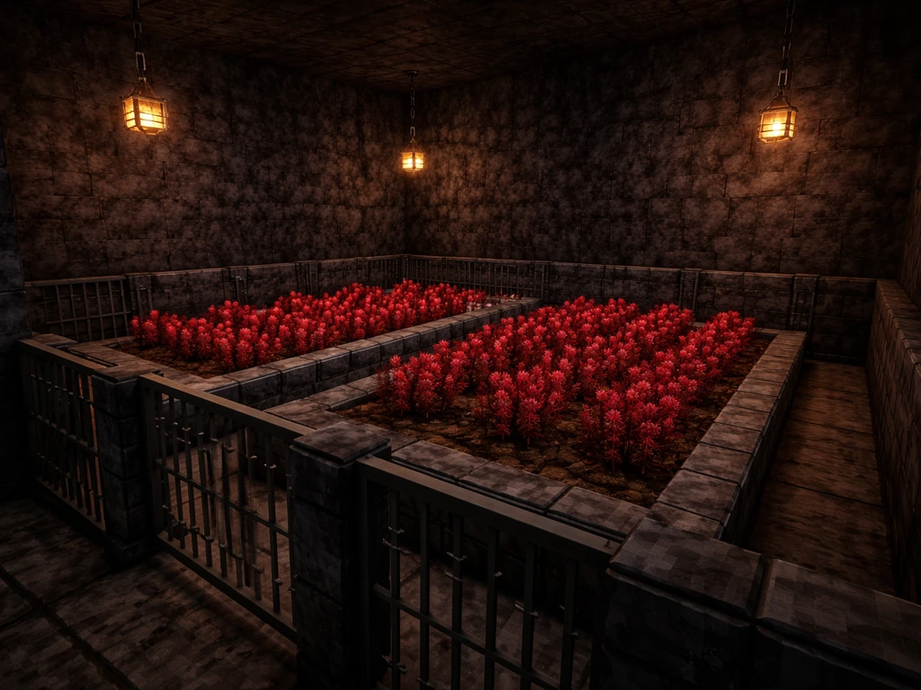 Enclosed nether wart farm room in a dark cave, with glowing wart stems and protected farm beds