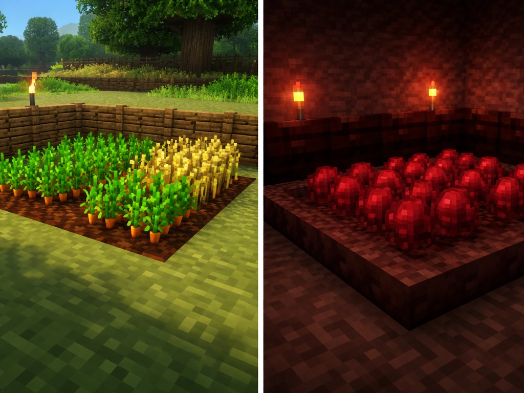 Two side-by-side Minecraft-style crop beds: bright overworld crops vs nether wart on dim soul soil.