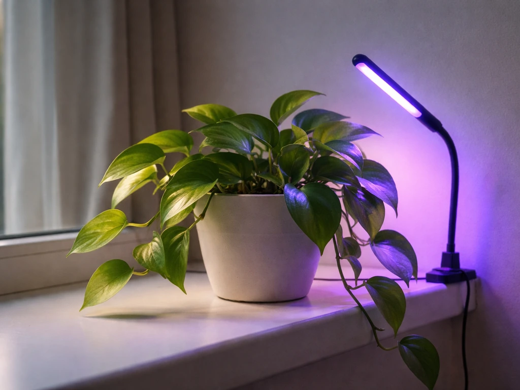 Lush pothos leaves under a purple-blue grow light in a simple room corner