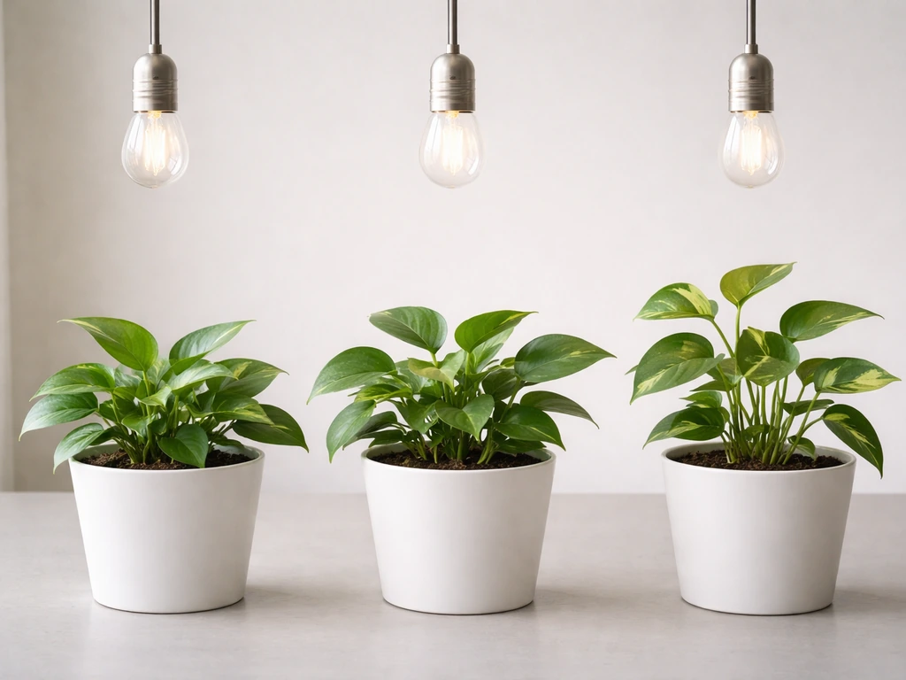 Minimal photo-style comparison of three LED bulbs over pothos showing compact, balanced, and stretching growth.