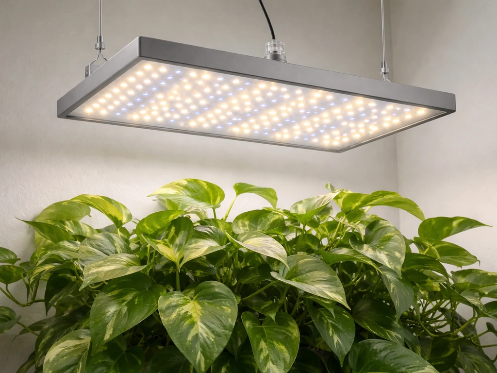 Close-up of a full-spectrum LED grow light panel mounted above pothos with cool-running even lighting.