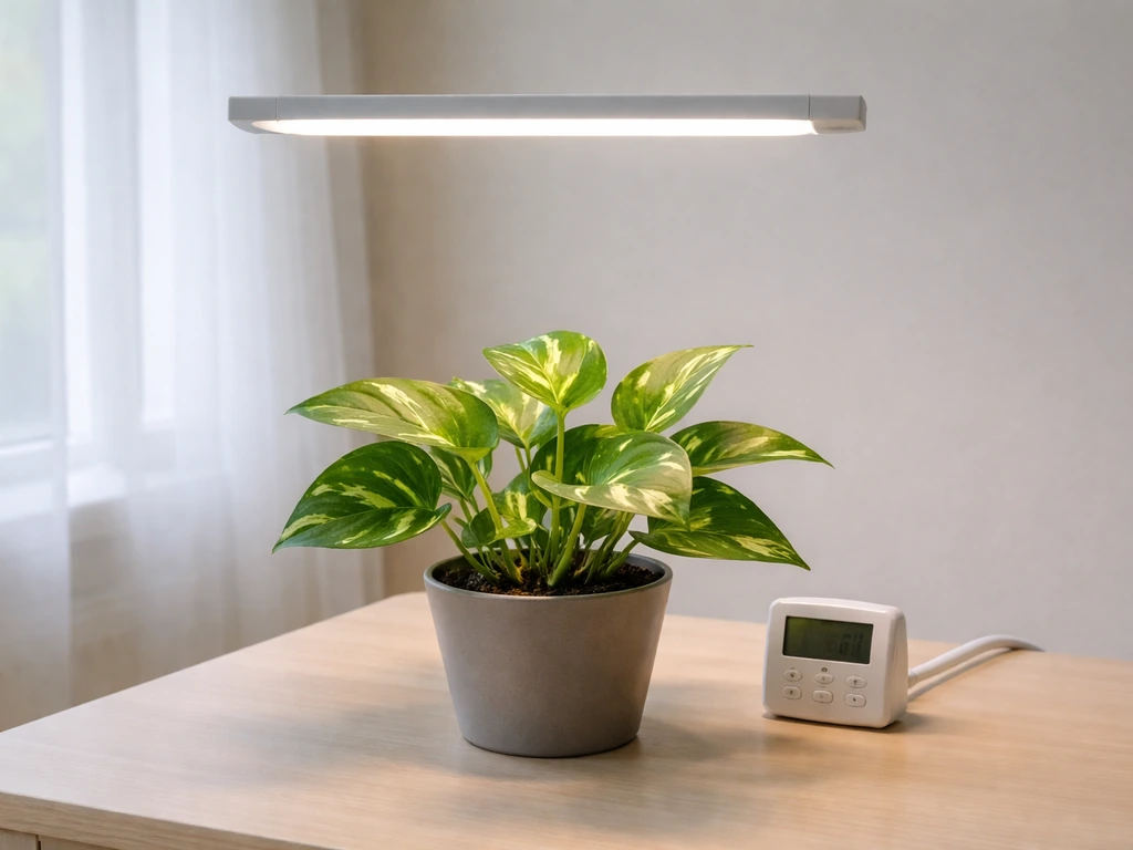 Overhead view of a pothos under a grow light, with the light held at a fixed height and a timer nearby.