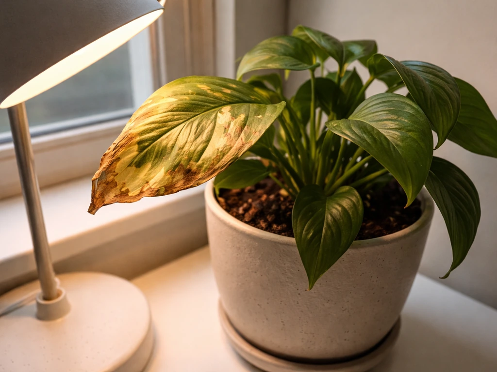 Close-up of houseplant leaves with pale bleached patches near a nearby lamp and cupped curling edges.