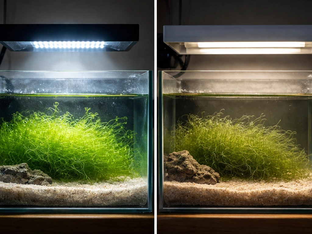Side-by-side split image of LED vs fluorescent light over chaetomorpha, showing different green growth intensity.