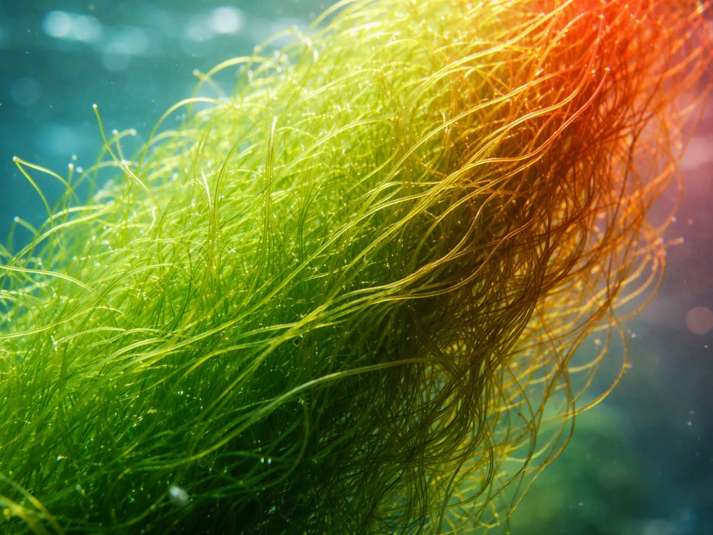 Close-up of Chaetomorpha frond with green texture under colored light casts.