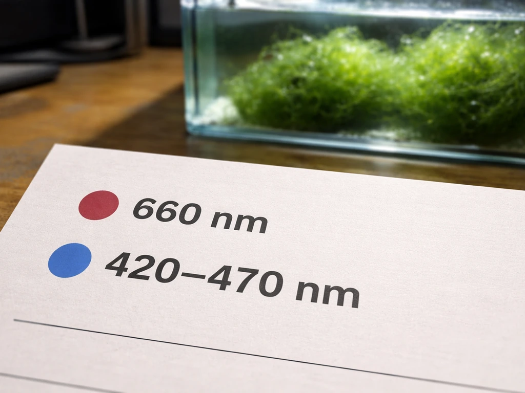Close-up of an LED spectrum label showing deep red 660 nm and blue 420–470 nm beside chaeto algae.