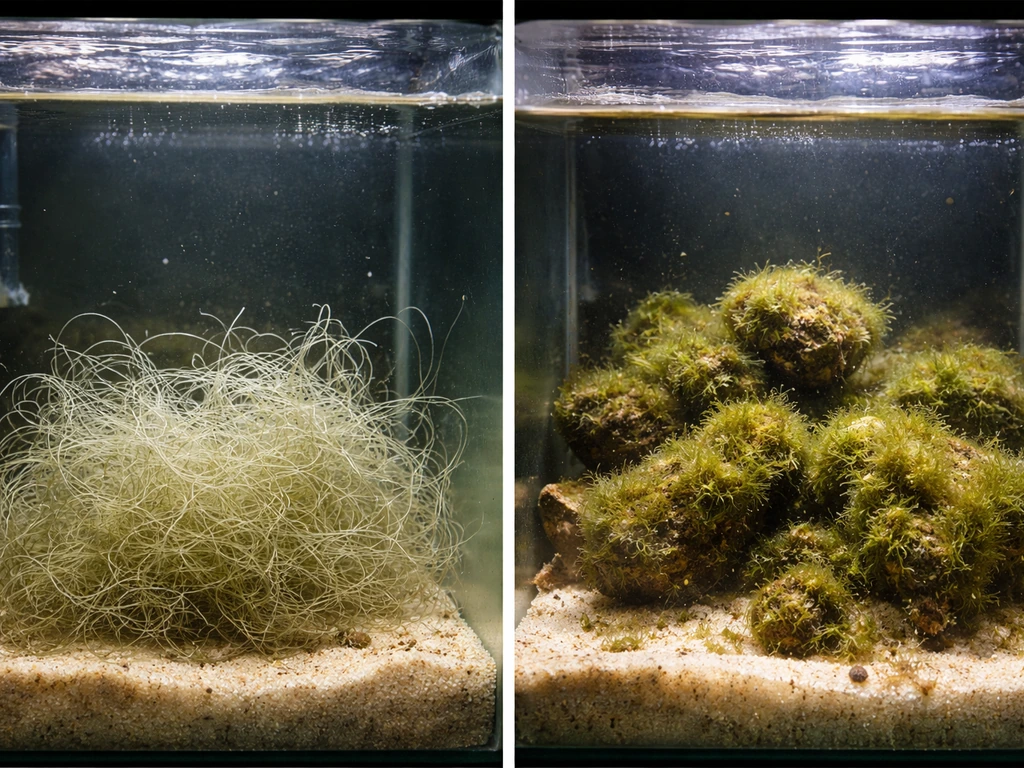Split aquarium refugium scene: pale brittle chaeto on one side, nuisance algae on the other.