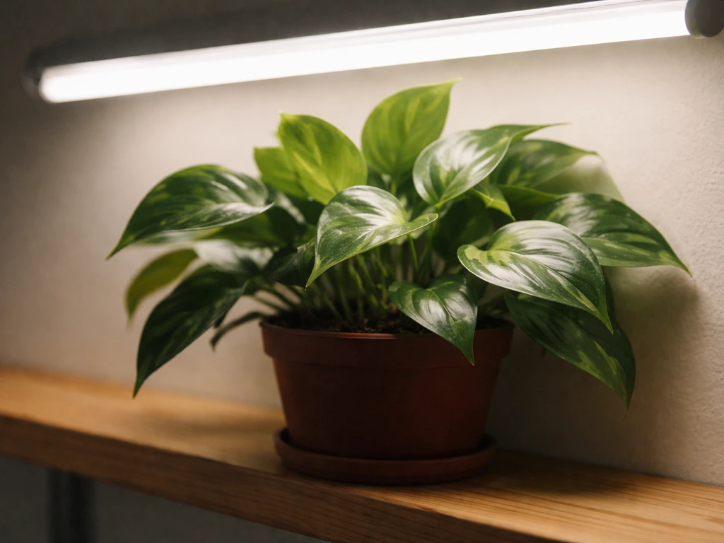 Leafy plant on a shelf under a fluorescent grow light showing gentle light falloff on the leaves.