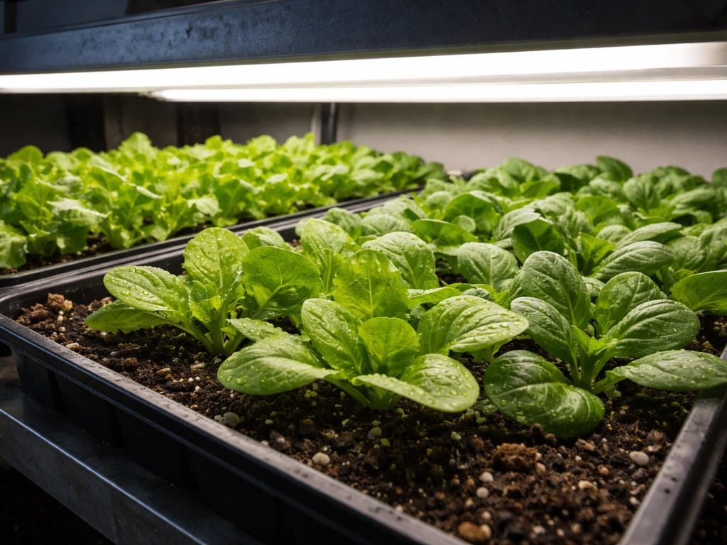 Fluorescent-lit trays of healthy lettuce and herb leaves under bulbs placed just above the canopy.